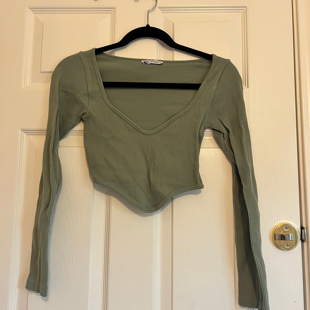 Zara Ribbed Sage Green Long Sleeve Blouse